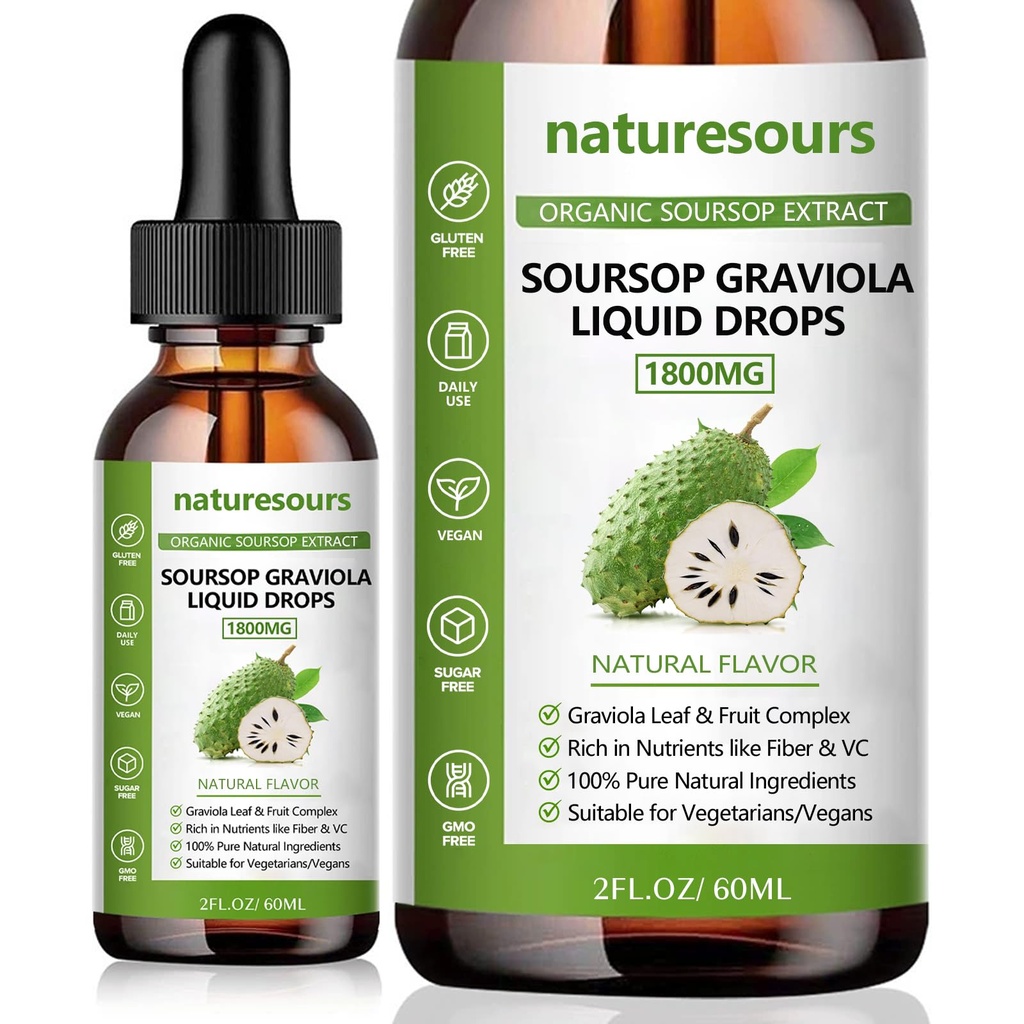 Naturesours 100% ren organisk sursop ekstrakt, Soursop Graviola flytende dråper 1800MG, organisk ren sursop blad og frukt ekstrakt, sukker / glutenfri, 2 FL.OZ (1)