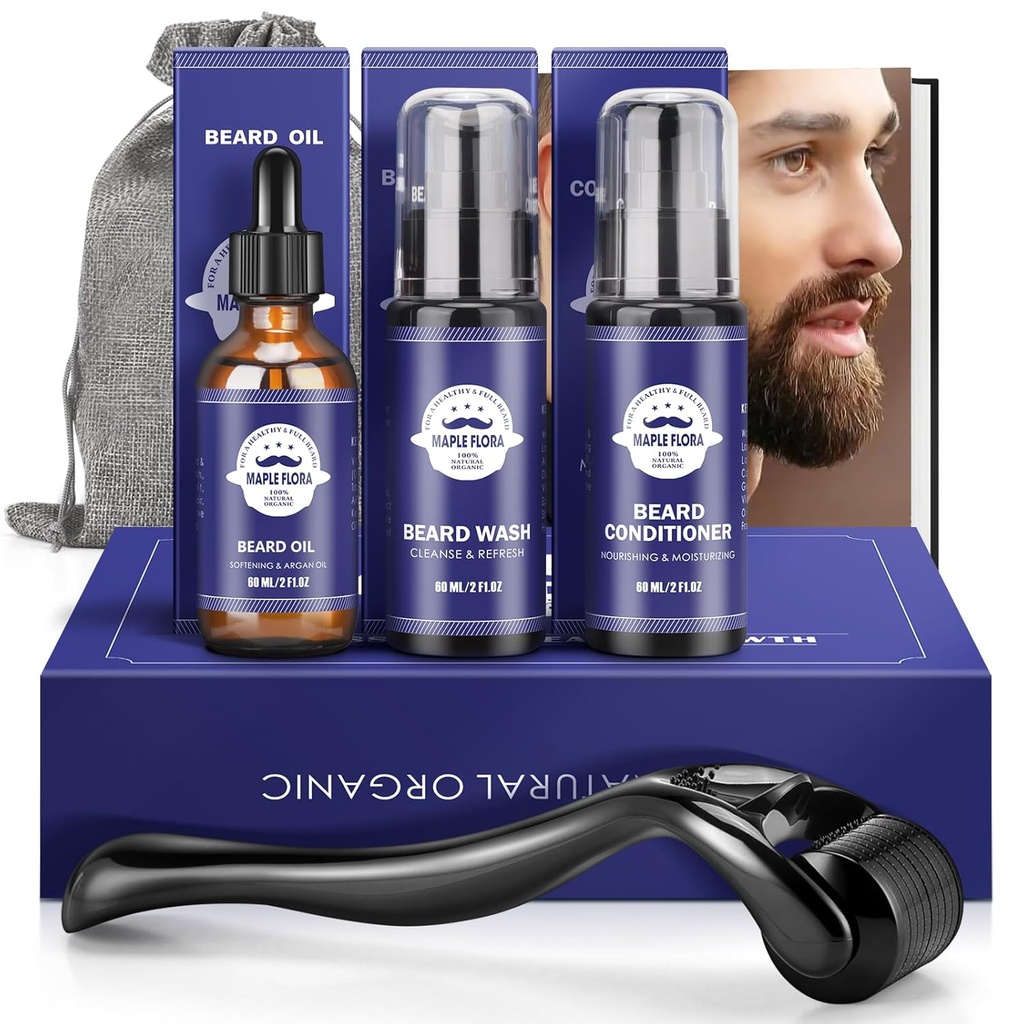Beard Gavesett - Olje, Wash, Conditor, Roller (nødvendig lengde: 0,25 mm) for Skjegg, Oppbevaringspose,Mustache Gaver Set for kjæresten ektemann Fars far menn ham