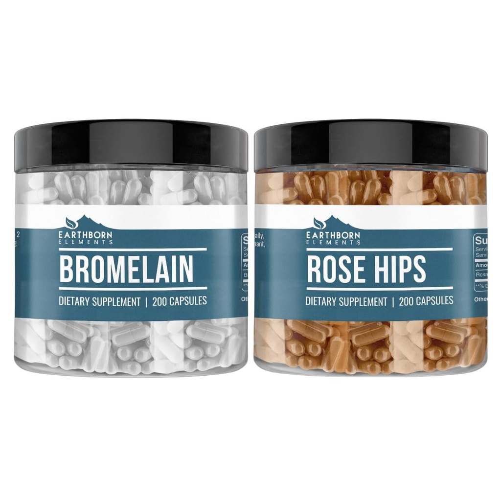Jordborne elementer Rose HIPS & Bromelain Capsule Bundle (200 kapsler hver), ren og ufortynnet, Ingen tilsetningsmidler