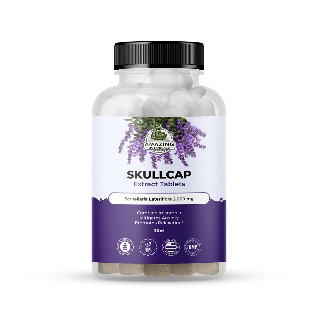 Amazing Botanicals Skullcap 10X ekstrakt tabletter 2 000 mg - høy potens Herbal Supplement for avslapning og velvære - 30 tabletter