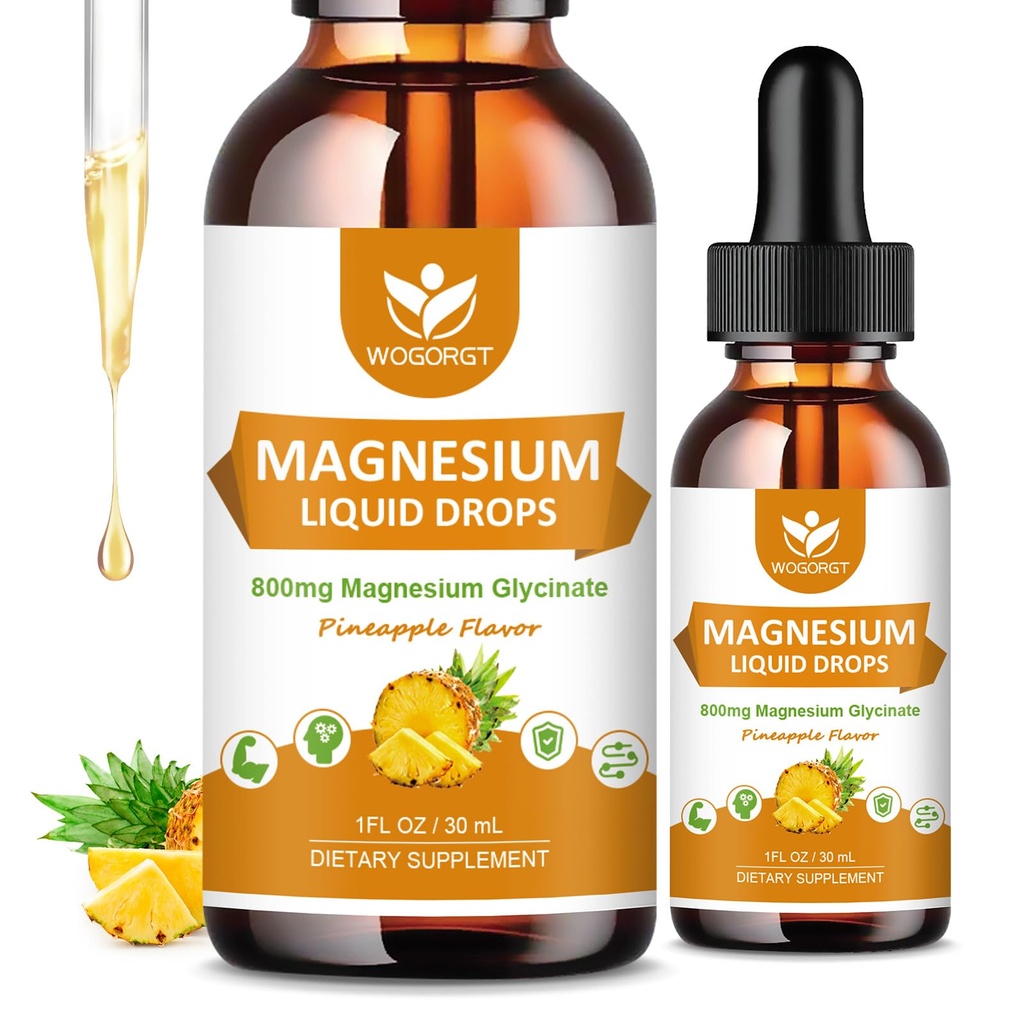 Magnesium Glycinate flytende dråper med Citrat & Taurate - Kognisjon, muskel og fokus, flytende magnesiumkompleks Supplement med vitamin D3, GABA, L-theanin, Pineapple Flavor - 1 Fl Oz (2 pakke)