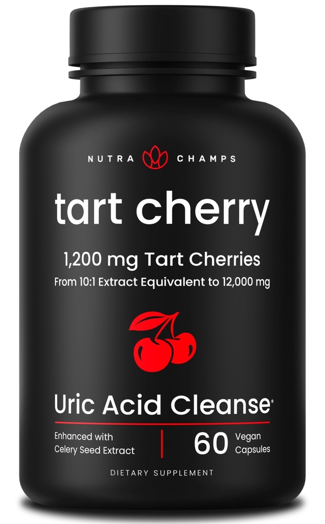 Organic Tart Cherry Extract Capsules 12.000mg - laget av Montmorency Tart Cherry Konsentrat, Celery Seed & Bilbær - Uric Acid Cleanse & Joint Support - Vegan Capsules