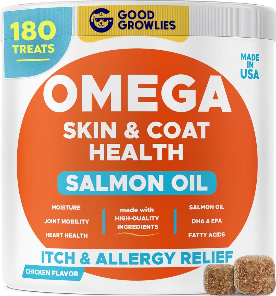 Omega 3 Alaskan Fish Oil Treats for Hunde (180 Ct) - Tørr og kløende hud + Allergi - Shiny Coats - EPA & DHA Fettsyrer - naturlig lakseolje Chews - kylling Tyrkia