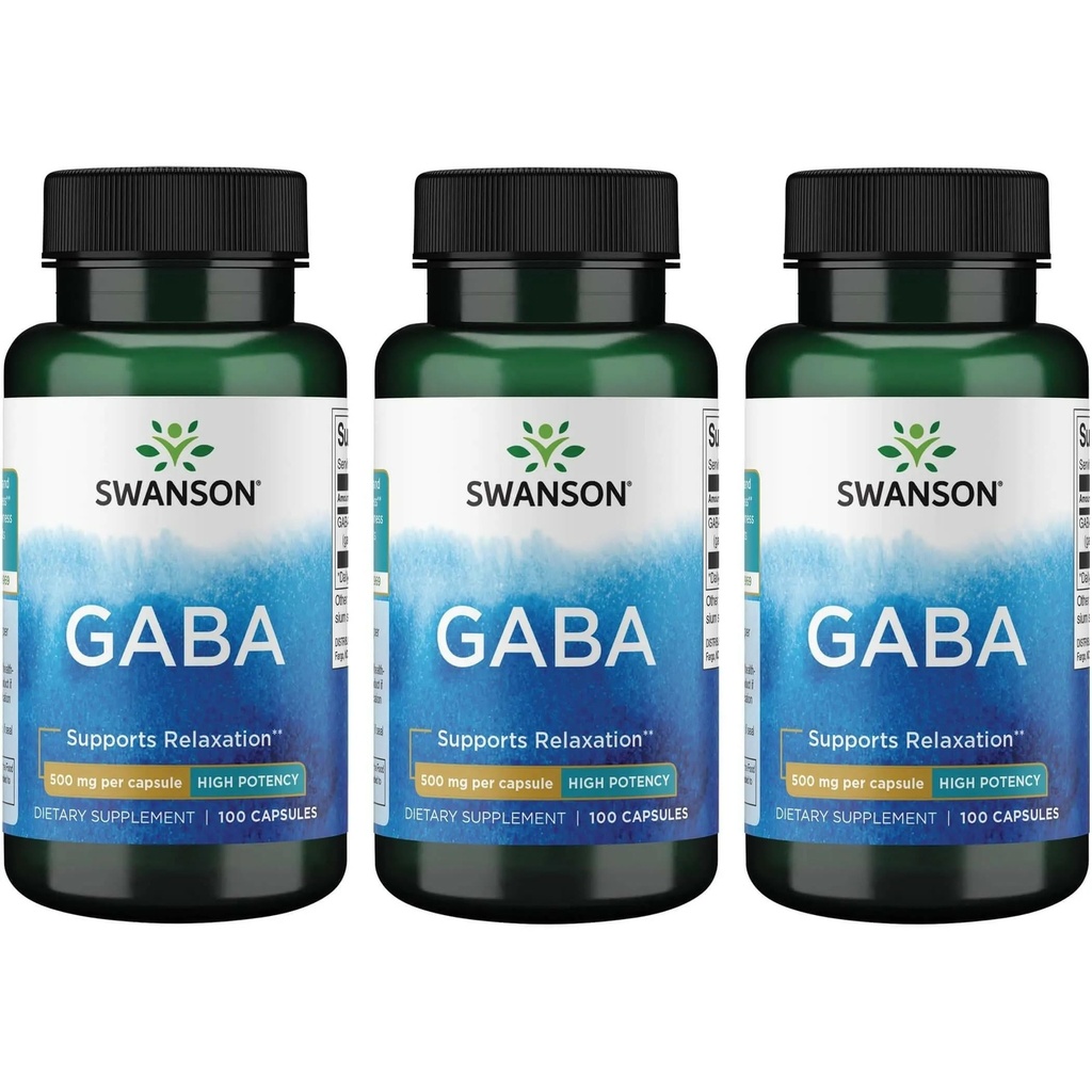 Swanson GABA - Aminosyre Supplement som fremmer ro og avslapning for å støtte hvilefull søvn - høy styrke formel for å støtte sunn stress nivåer - (100 kapsler, 500 mg hver) (3 pakke)