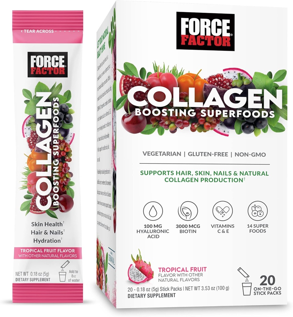 Force Factor Collagen Øker Superfoods med Biotin, Hyaluronsyre, Bamboo, og hår, hud og negler Vitaminer, Nail Styrker og Hud Supplement, Tropisk Frukt Flavor, 20 Stick Packs