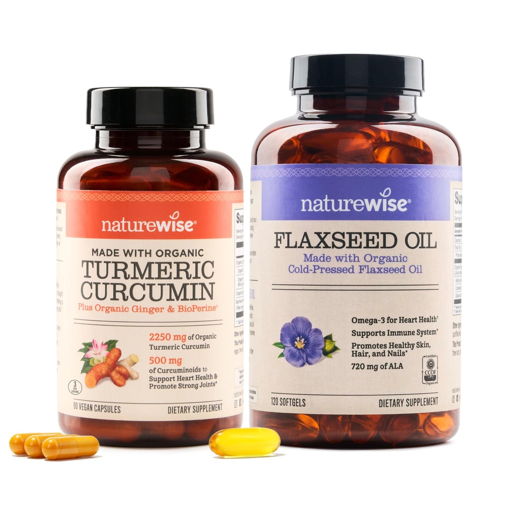 NatureWise Curcumin Turmeric 2250mg & Flaksfrøolje 1200mg Omega 3 6 9 Softgels for felles, hjerte og immun støtte [1 & 2 måneders forsyning]