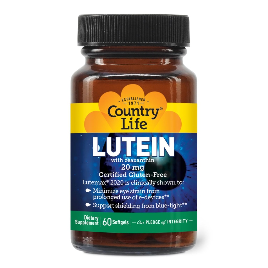 Country Life Lutein 20 mg Supplement - Certified Glutenfri - Eye Health Support med Lutein og Zeaxanthin - Reduserer øyet Strain fra skjermer - Nei Yeast, Corn, Hvete, Melk - 60 Softgels