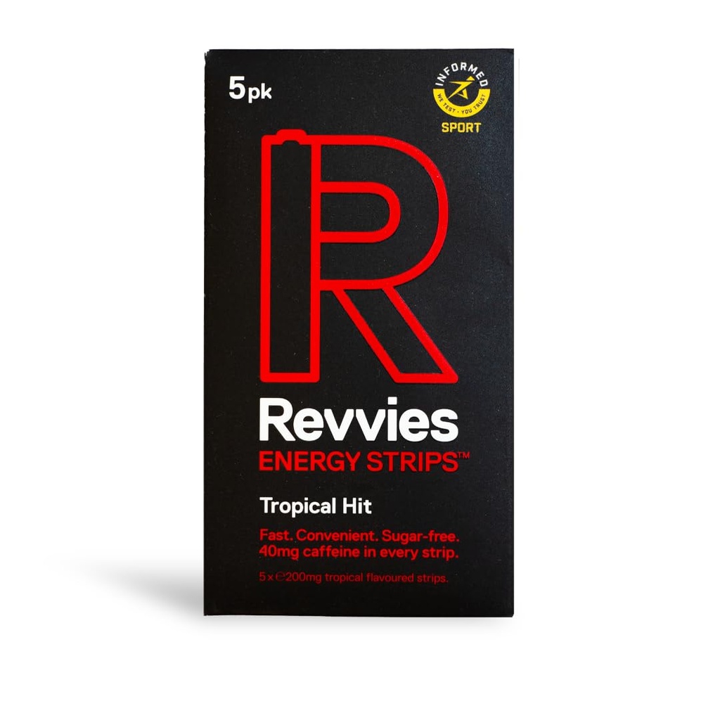 Revvies Energi Strips | Tropisk Hit | 50 Strips | 40mg Koffein Strip | 2 Strip = Kaffe / Energy Drink | Mindre enn 2 Kalorier | Vegansk | 10 x 5PK