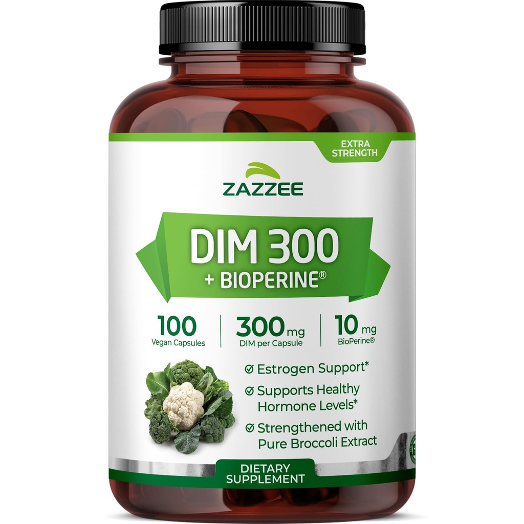 Zazzee DIM 300 mg Per Kapsel, 100 greve, Plus 10 mg BioPerine, Estrogen Balance, Hormonal Acne, Menopause Support, Hormonal Balance, Dindolylmetan, Vegan, All-Naturlig, Ikke-GMO, laget i USA
