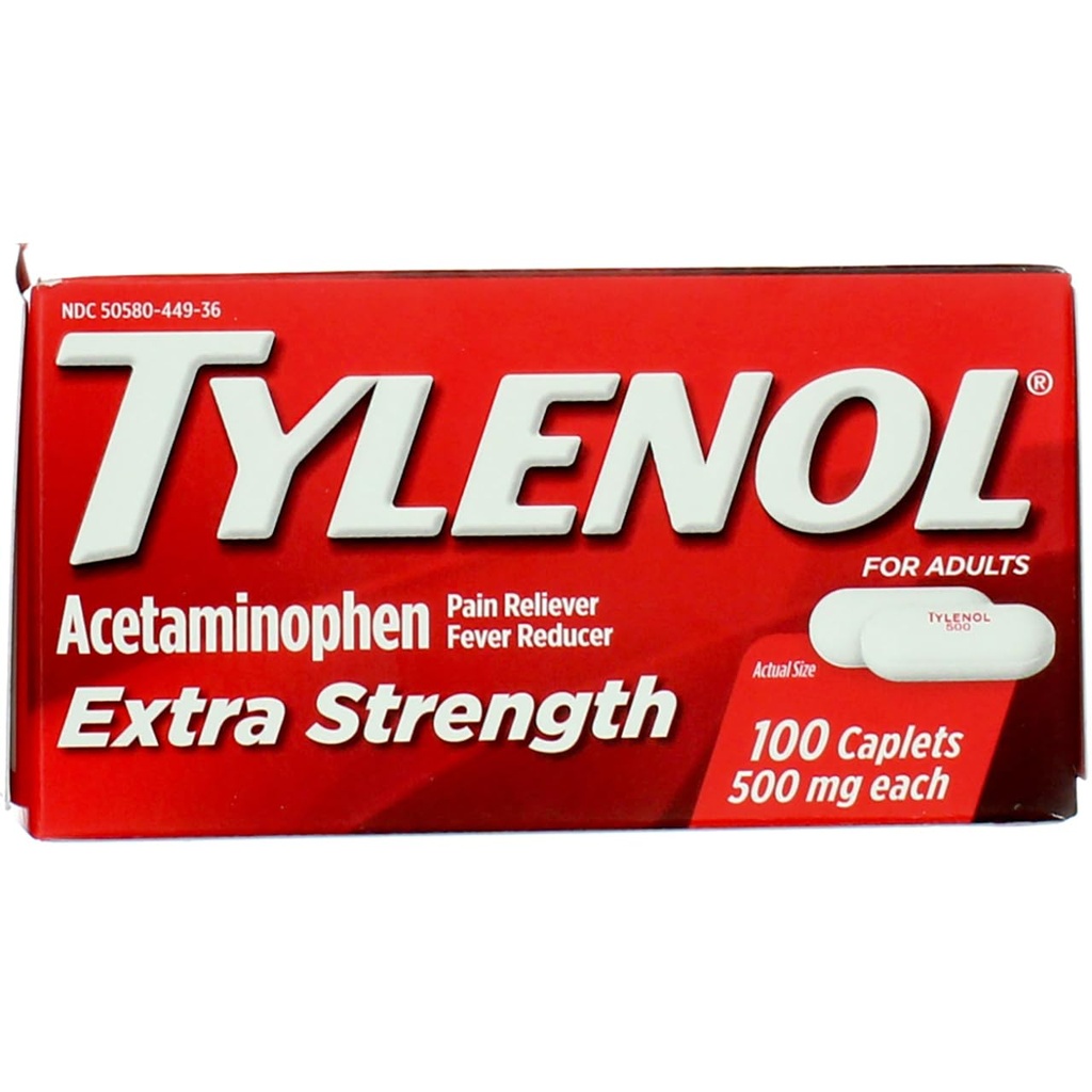 Tylenol ekstra styrke caplets med 500 mg Acetaminophen, smertefri & feber reduserer, 100 ct