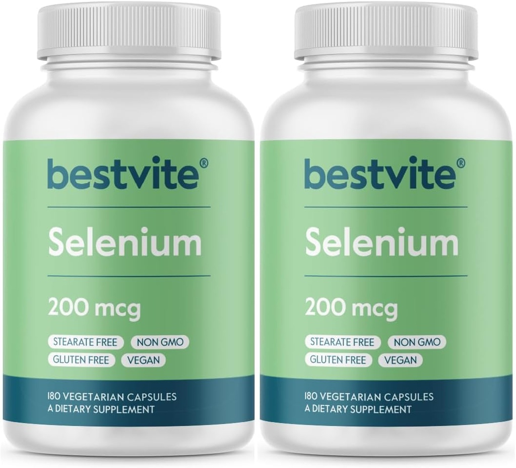 BESTVITE Selenium 200mcg (360 vegetariske kapsler) (2-pakke) - Ingen stearater - Ingen flytmidler - Vegan - Ikke-GMO - Glutenfri