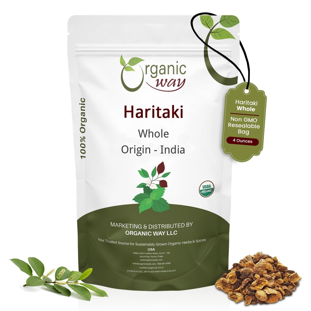 Organic Way Haritaki Whole (Chebulic Myrobalan) | Terminalia Chebula (Yellow Myrobalan) | Kosher & USDA sertifisert | Vegansk, ikke-GMO & Glutenfri | 100% Rå fra India (4 oz - 1/4 lbs)