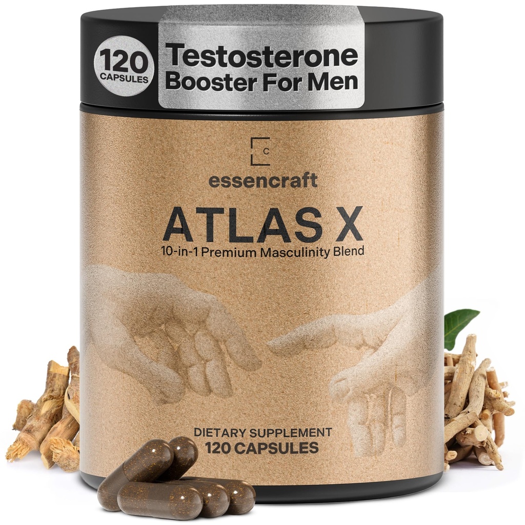 ATLAS X 10-i-1 Maskulinitetsmaksimere Supplement for menn - Energi, styrke og vitalitetskapsler med Shilajit, Ashwagandha, Sink, Safed Musli, Tongkat Ali, Black Maca, Fadogia Agrestis, 2 måneders forsyning