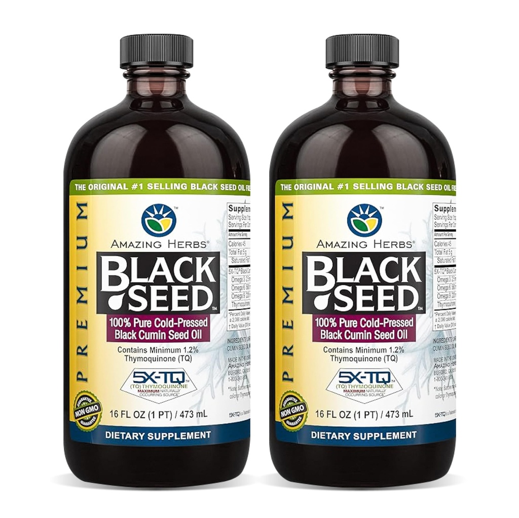 Amazing Herbs Premium Black Seed Oil - Glutenfri, ikke GMO, Cold Pressed Nigella Sativa Aids i Digestive Helse, Immune Support, Hjernefunksjon - 16 Fl Oz (Pack of 2)