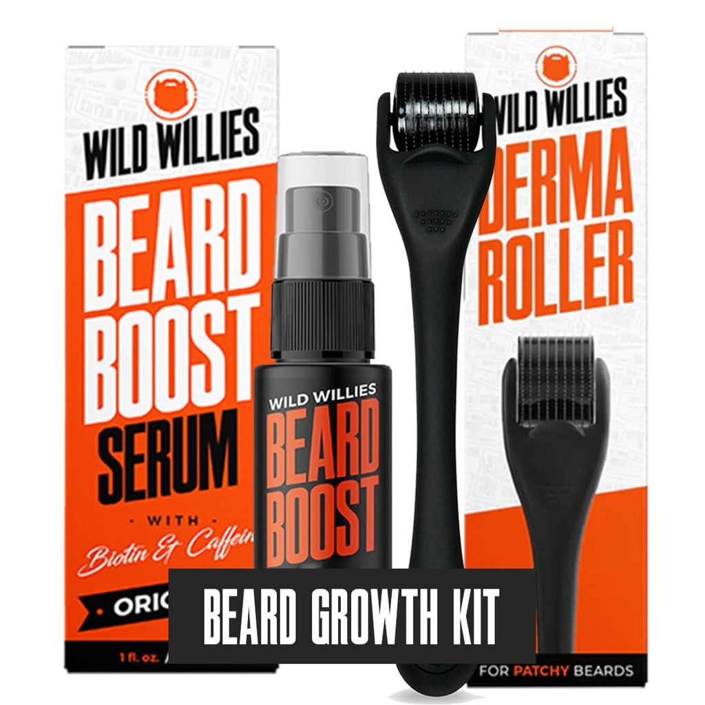 Wild Willies Beard Growth Kit - Premium Derma Roller & Beard Boost Serum - Microneedle Roller & Beard Hair Growth Serum med Biotin & Koffein for Fuller Beard, Scalp Care - Enkel å bruke Kit med Case