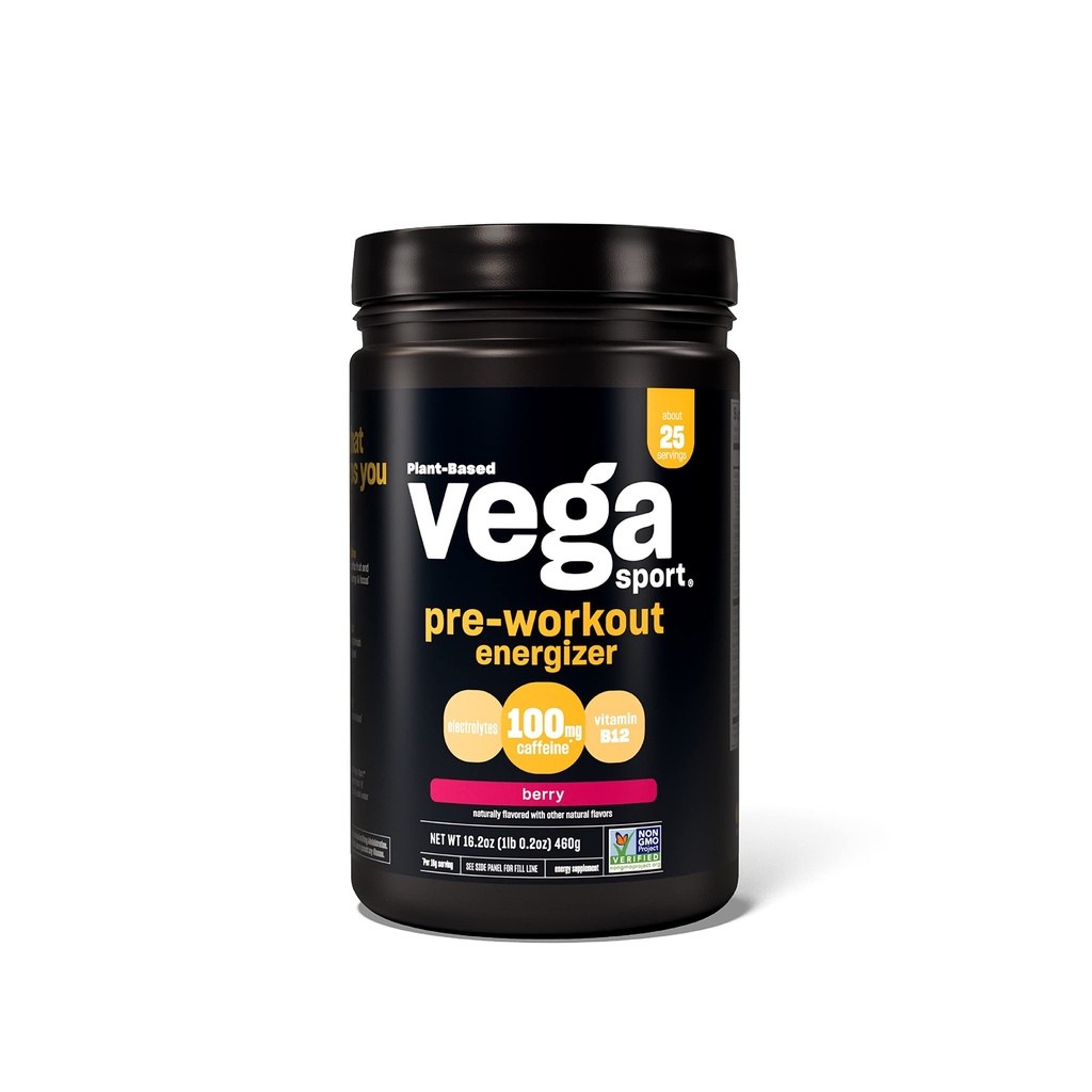 Vega Sport Energizer, Acai Berry, Pre Workout pulver for kvinner og menn, støtter energi og fokus, elektrolyter, Vegan, Keto, Glutenfri, Dairy Free, Ikke GMO (25 Serveringer) , 1,01 Pound (Pack of 1)