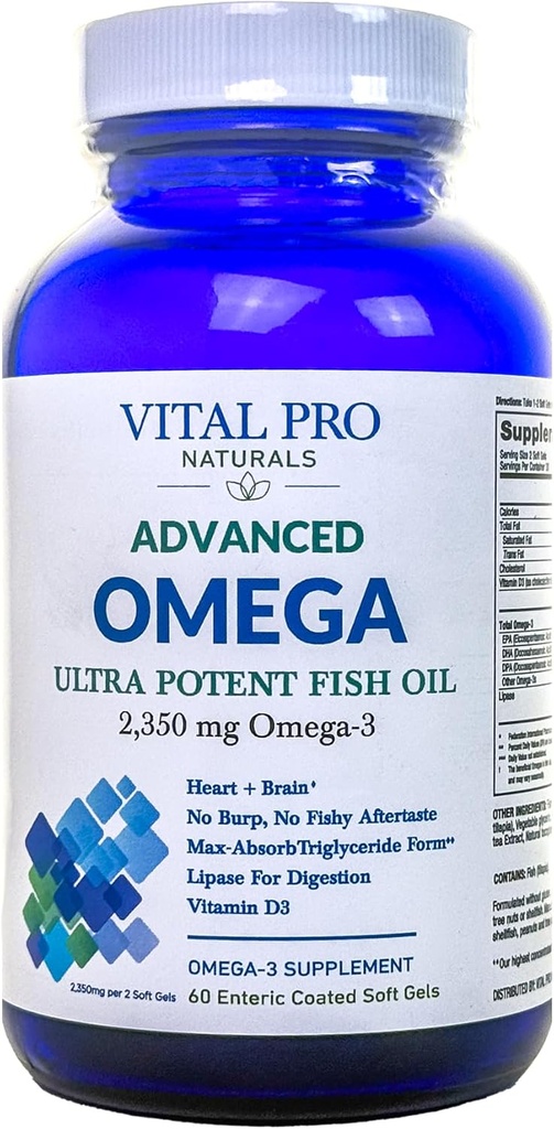 Vital Pro Naturals - Advanced Omega Wild Caught Norwegian Fish Oil med 2350 mg høy potens Omega 3 fettsyre Supplements EPA DHA og DPA for hjerne og hjerte 60 Softgels (pakke May Vary)