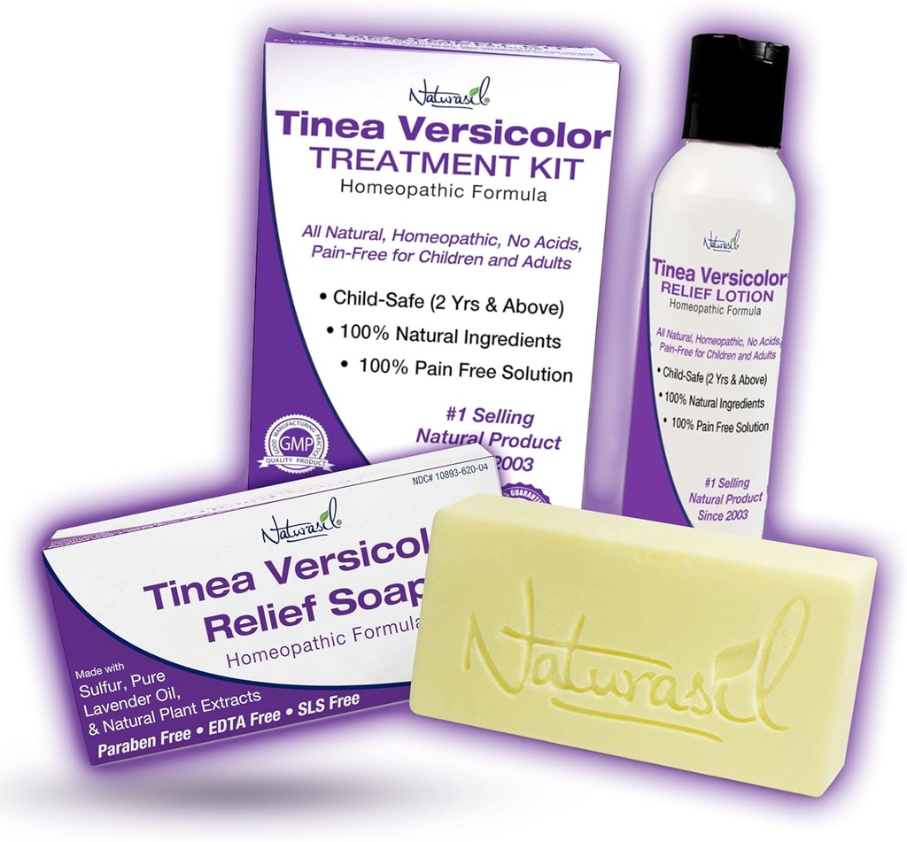Naturasil Antifungal Tinea Versicolor behandling Kit Gentle & rask relief for alle typer av Tinea, Folliculitis, kløe og Chilblains® trygt for barn og voksne henda Sulfur Lotion (4oz) + 1 Relief Soap (4oz)