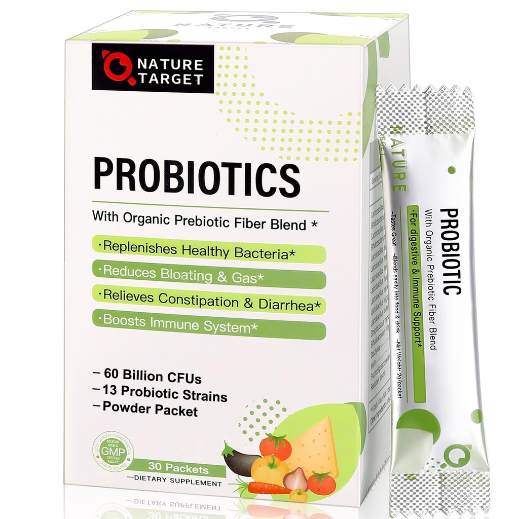 NATURE TARGET Probiotika for kvinner-Men-Kids Probiotiske pulver 60 milliarder CFUs 13 Strains - Prebiotika og probiotika for digestiv helse, hyllestabil, ikke-GMO, Glutenfri 30 Pakninger