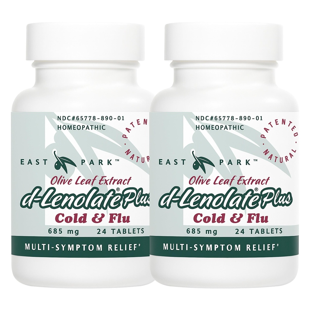 EAST PARK d-Lenolate Plus Cold & Flue Homeopatisk Remedy for voksne og barn | Immunsystem Booster med Olive Leaf Extract, Neem Leaf Extract & Echinacea | 625mg, 24 tabletter ikke-GMO (pakke med 2)