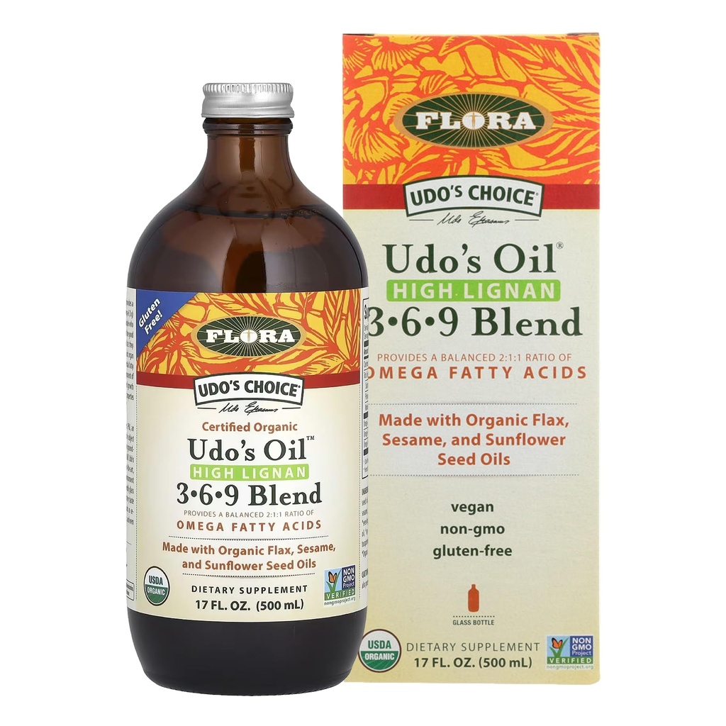 Flora - Udo valg High-Lignan 369 Omega olje blanding, Udo olje balansert 2:1:1 Forhold av Omega fettsyrer, laget med organisk flax, sesam og solflower frø oljer, 17-oz. Glassflaske