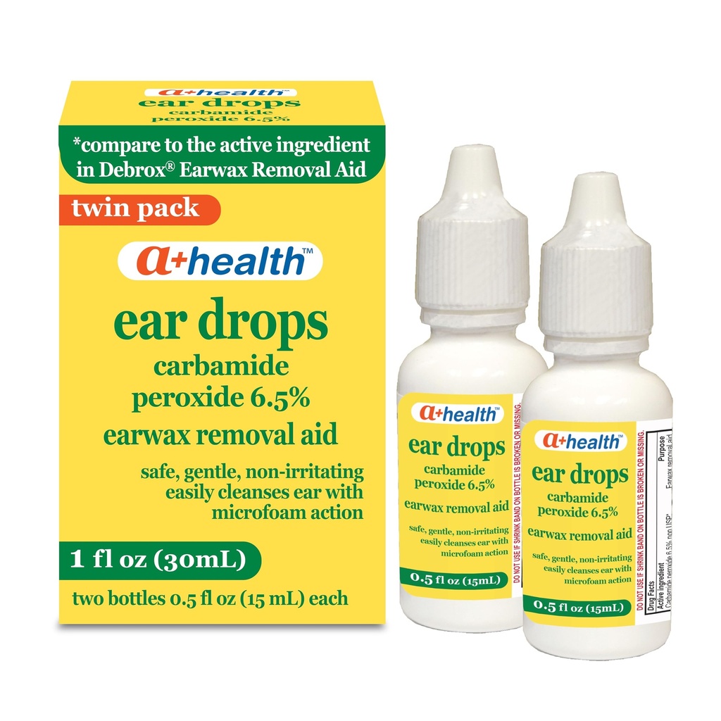 A + Helse Earwax fjerningsdråper, karbamidperoksid 6,5%, laget i USA, Twin Pack, 1 fl Ounce(To 0,5 fl oz flasker)