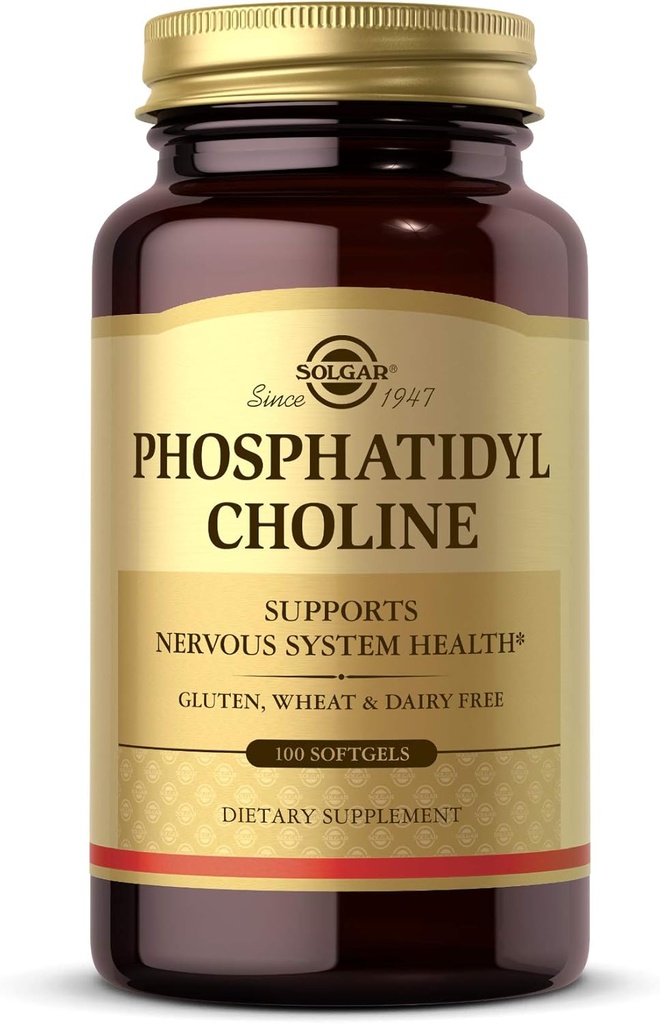 Solgar Fosfamidylkolin, 100 Softgels - Fremme sunn kognitiv funksjon - Avledet fra Lecithin - Inneholder Choline for nevrotransmitter Acetylkolin - Glutenfri, Dairy Gratis - 50 Serveringer