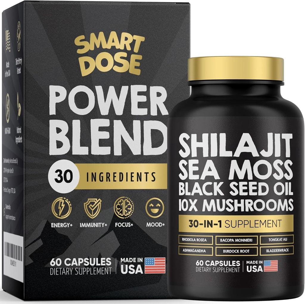 Power Blend Capsules - 30-i-1 Supplement Bundle med Shilajit 6000mg, Sea Moss 4000mg, Black Seed Oil 4000mg, Ashwagandha 2000mg, 10x Mushrooms, Tongkat Ali, Maca, Holistiske piller Combo