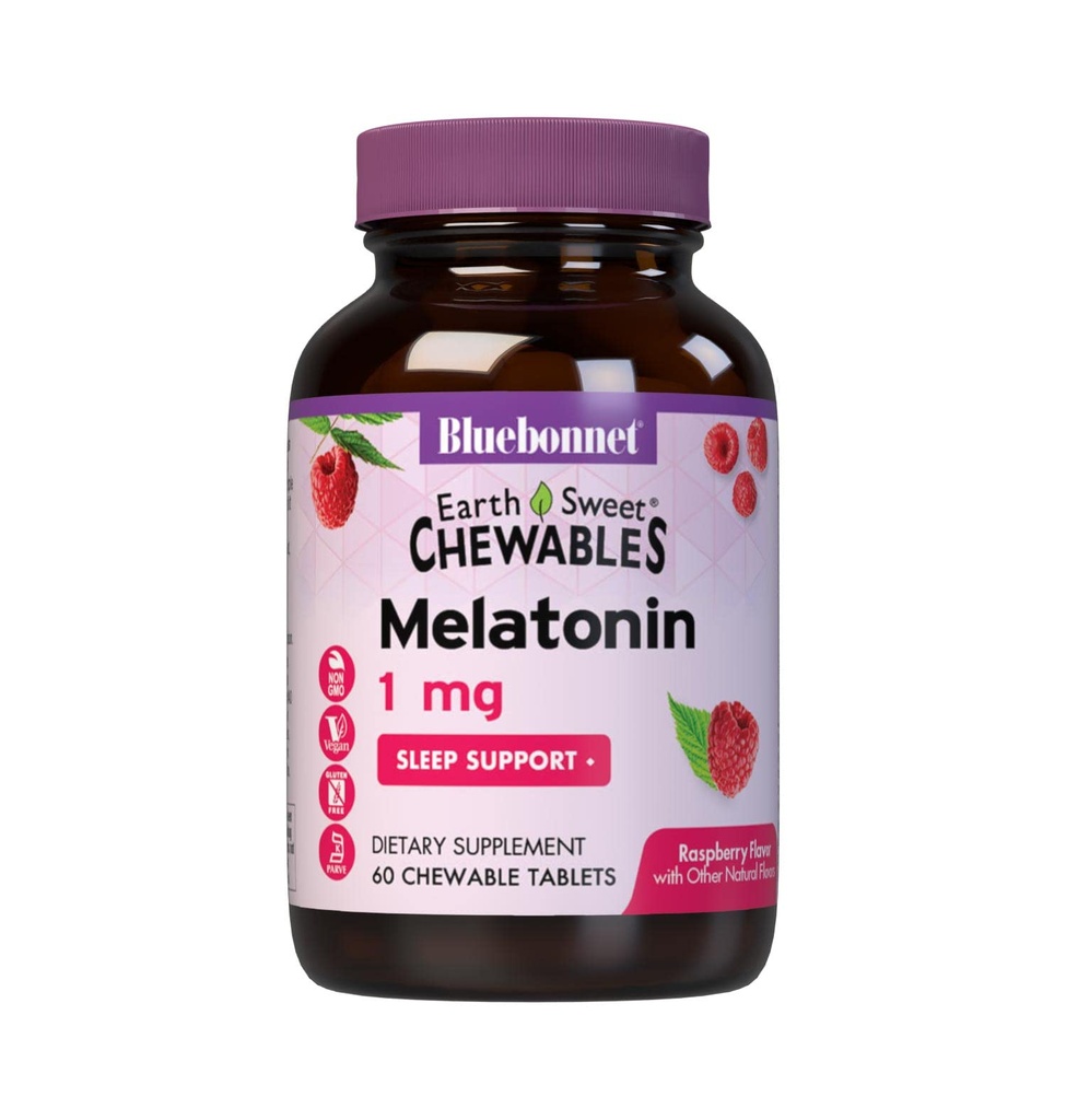 Blåbonnet Ernæring JordSweet Melatonin 1 mg Rask Oppløselig Natttid Relaxation & Restful Sleep Support - søvnhjelp - Glutenfri, Vegansk - Flavor - Chewable Tabletter bringebær
