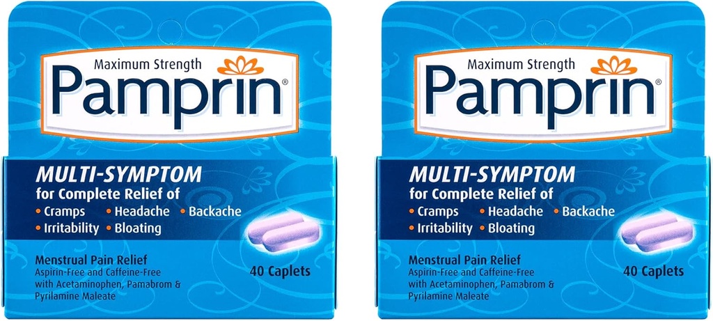 Pamprin Multi-Symptom formel, med Acetaminophen, Menstruell Periode symptomer lindring inkludert Cramps, Smerte, Irritabilitet og Bloating, 40 Caplets (Pack of 2)