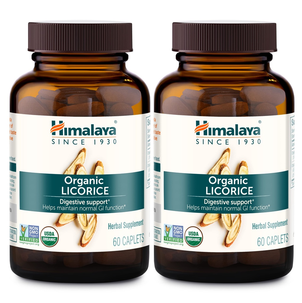 Himalaya Organic Licorice, 120-dagers forsyning - Digestiv Helse Supplement for Upset Mage, Avslappende Bloating og Heartburn - USDA Organic, Vegan, Ikke-GMO, Ikke-DGL, Glutenfri, 60 Caplets, 2 Pack
