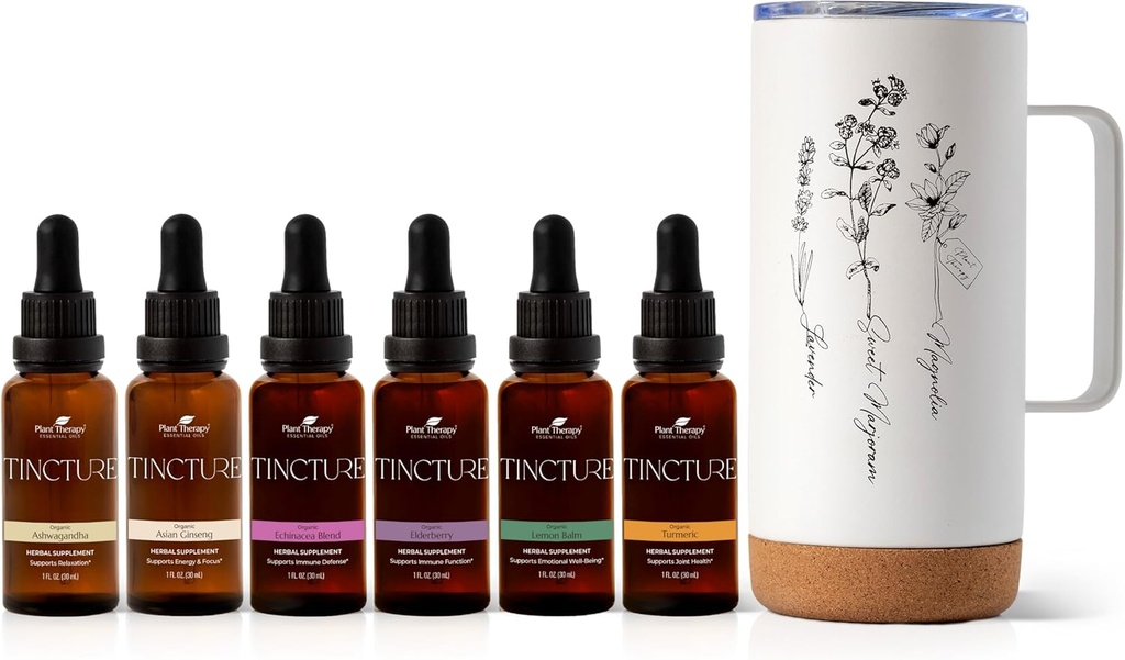 Planteterapi Total Tinktur pakke inneholder 30 ml Hver av organiske Ashwagandha, asiatiske Ginseng, Echinacea blanding, eldrebær, sitron Balm, Turmeric & Travel Mug