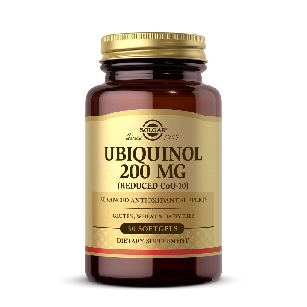 Solgar Ubiquinol 200 mg (Reducted CoQ-10), 30 Softgels - Fremmer hjerte og hjernefunksjon - støtter sunn aldring - Coenzym Q10 - Ubiquinone Supplement - Glutenfri, Dairy Free - 30 Services