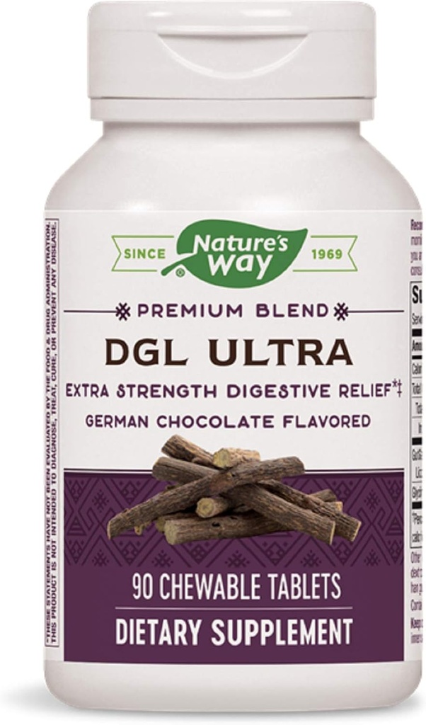 Naturens måte DGL ULTRA 10:1 Extra styrke, 75 mg per porsjon, tysk sjokolade flavored, 90 Chewables, pakke med 2 (Packing May Vary)