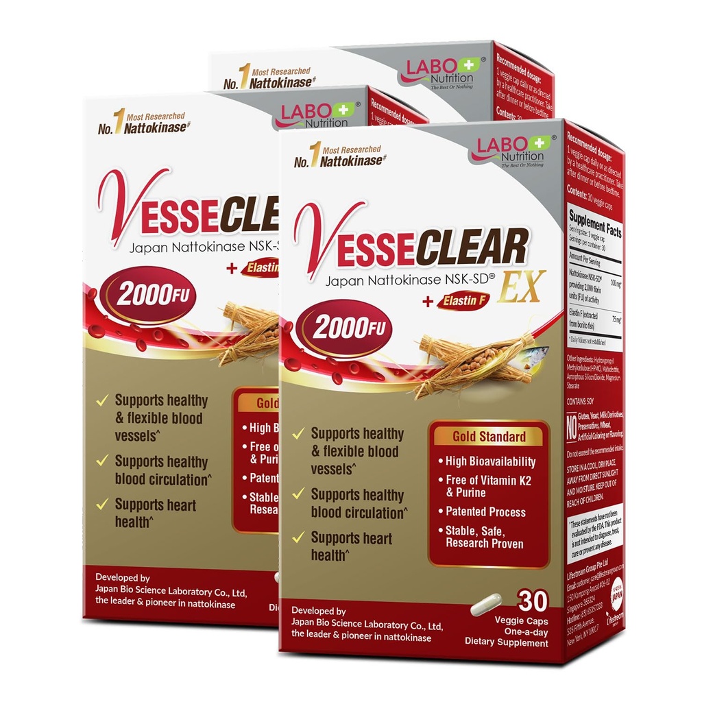 LABO Nutrition VesseCLEAR EX: Nattokinase NSK-SD+Elastin F for ren og fleksibelt blodfartøy. Japans mest klinisk studerte, funksjonell dose, syreresistant / forsinket releasekapsler, 90 greve