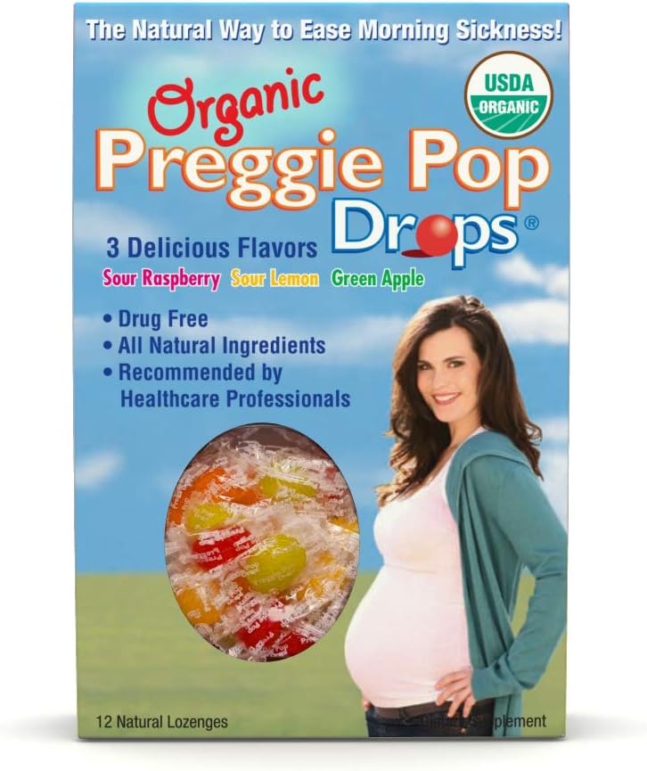 Økologisk Preggie Drops | 12 Drops Hver | Morgensykhet under svangerskapet | Sikkert for gravid mamma & baby | Glutenfri | 3 Flavors: sitron, bringebær og grønn Apple
