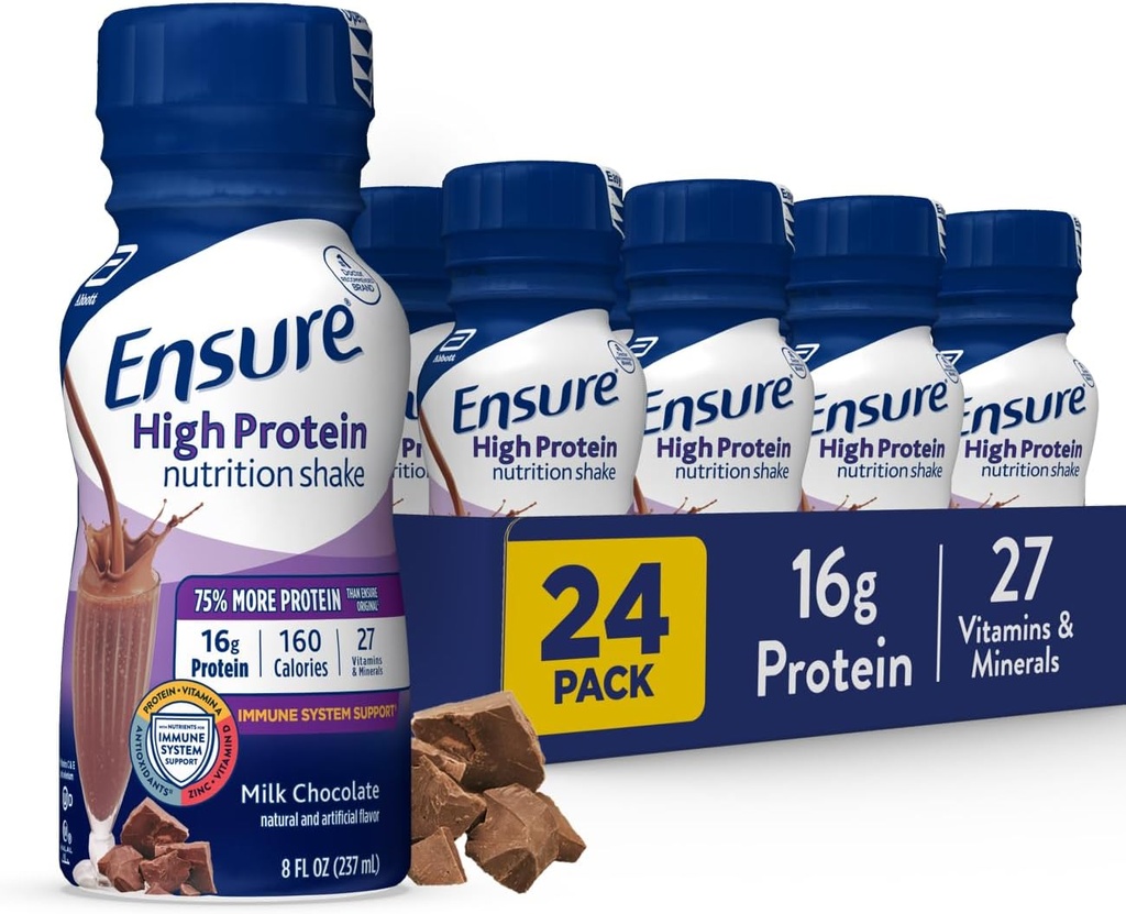 Sikre høyproteinmelk sjokolade ernæringshake, klar til å drikke, 16g protein og 27 vitaminer og mineraler, 8 fl oz, 24 Pack