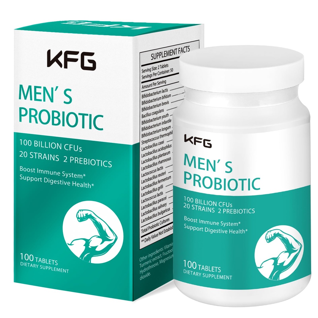 KFG Probiotic Supplement 100 milliarder CFU, 20 Strains, 2 Prebiotika og Digestive Enzymer, støtter Digestion, Immunstøtte, Gut Helse og Metabolisme, Ikke-GMO, Gluten & Soy Gratis, 100 tabletter