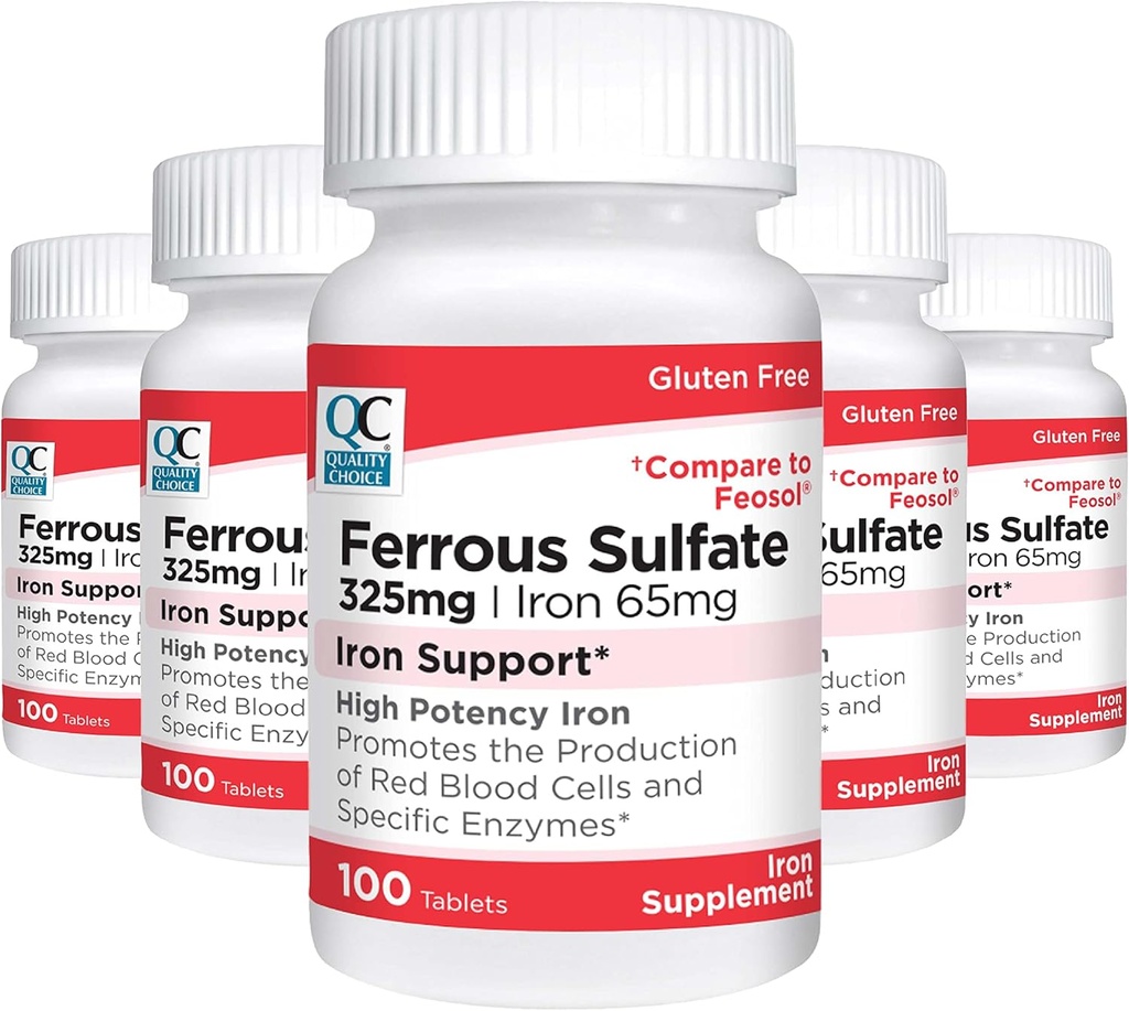 Kvalitetsvalg Iron 65 mg (325 mg Ferrous Sulfate) høy styrke jern støtte kosttilskudd tabletter i 100 telle flasker (5 pakke)