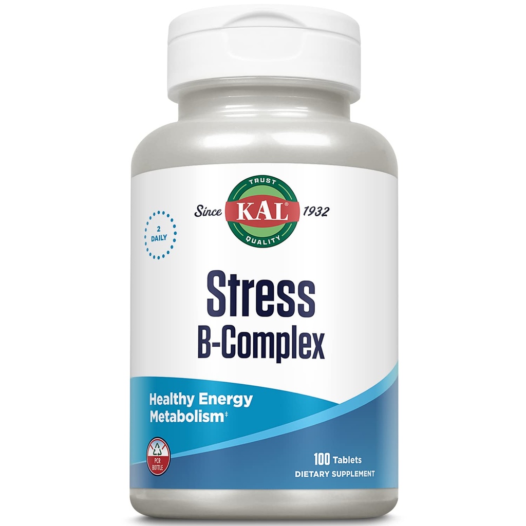 KAL Stress B Complex Vitamin Supplement, vitamin B kompleks for energi, stress, rød blodcelleformasjon og immun støtte, med vitamin B12, B6 og folsyre, 60-dagers garanti, 50 serv, 100 tabletter