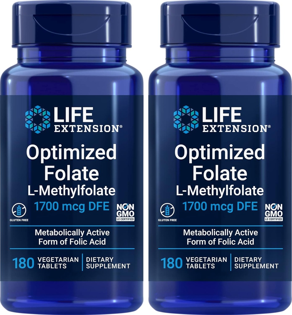 Livsforlengelse Optimert Folat (L-Metylfolat) 1700 mg DFE, 180 Veg Tabletter (pakke med 2)