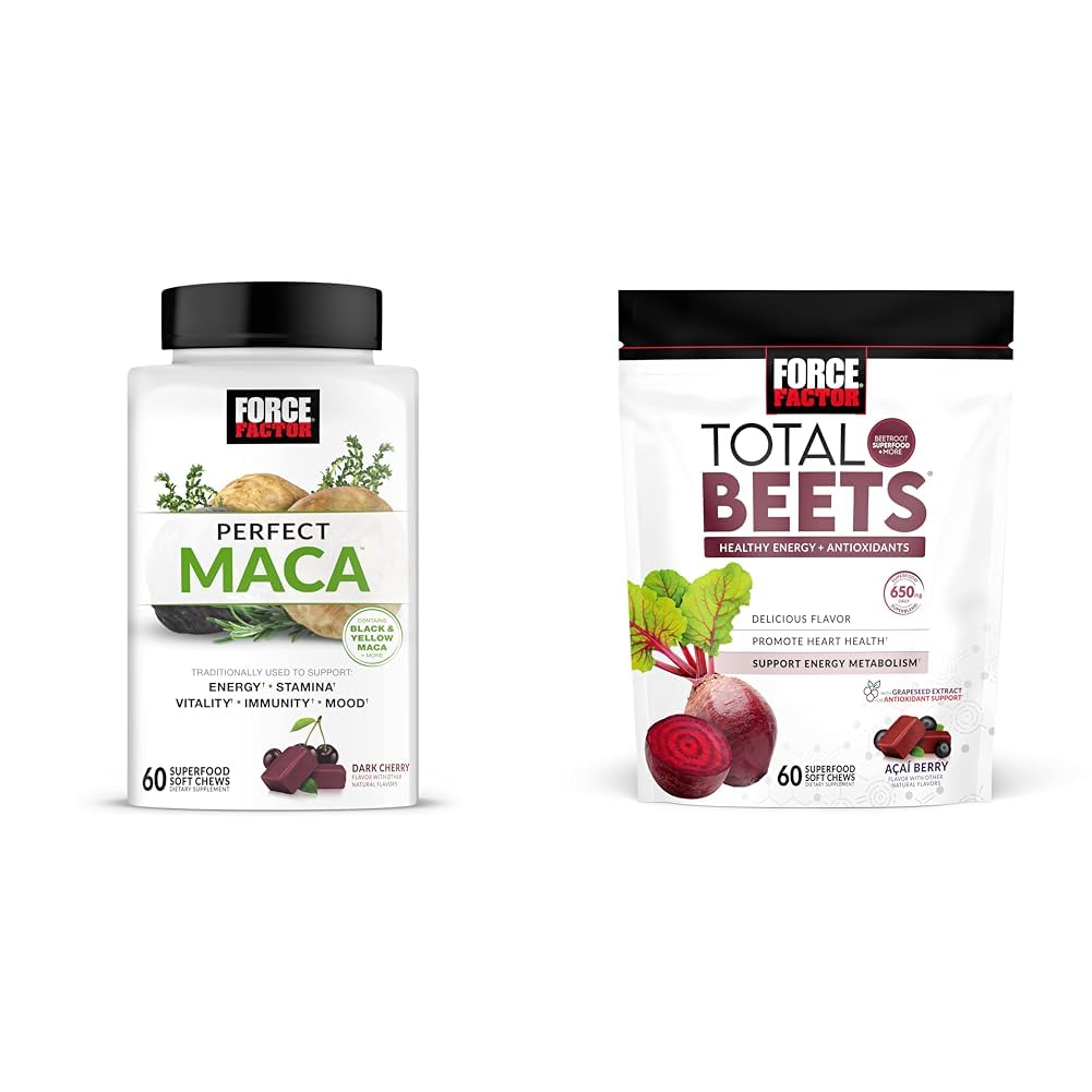 Force Factor Maca & Beet Myke Chews Bundle med 60 Maca Chews og 60 Beet Chews for energi, Stamina og hjerte helse