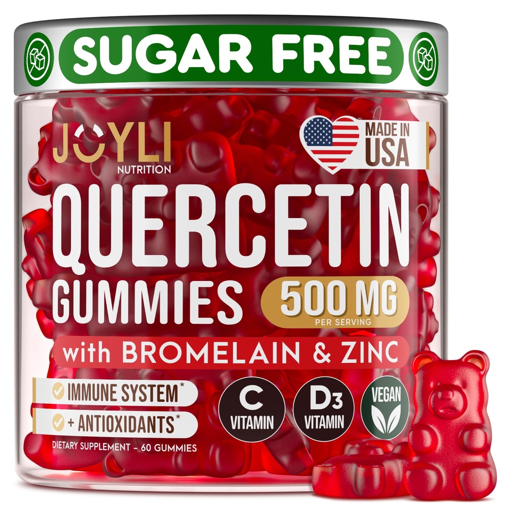 JOYLI Quercetin Gummies - Quercetin med Bromelain Sink Vitamin C & Vitamin D3 - Quercetin Supplement 500MG for immunsystem og allergi - Quercetin for barn og voksne - 60 Quercetin Chewable