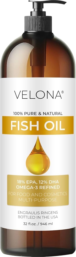 Fisk Omega-3 Olje av Velona - 32 Fl Oz | 100% ren og naturlig Carrier olje | Refinert | Vitamin E, D, Omega-3 | Matlaging, Hud, Ansikt, Kropp, Hårpleie | Bruk i dag - Nyt resultatene