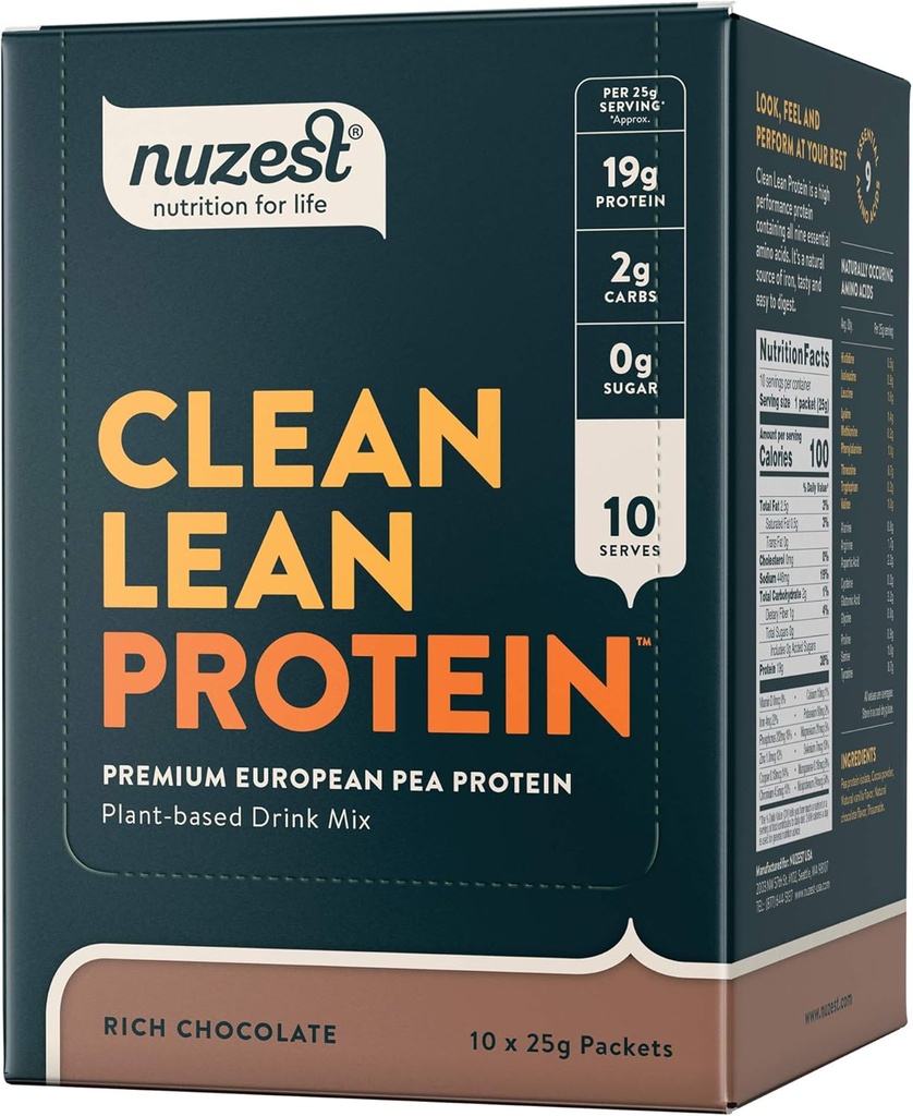 Nuzest - Pea Protein pulver - Clean Lean Protein, Premium Vegansk Plante Basert Protein pulver, Dairy Free, Glutenfri, GMO Free, Protein Shake, Rich Chokolade, 0.9 oz, (pakke med 10)