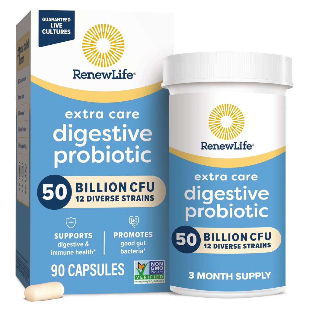 Renew Life Extra Care Digestive Probiotic Capsules, 50 milliarder CFU Garantert, Daglig Supplement støtter immune, Digestive, Respiratorisk Helse(1) L. Rhamnosus GG, Dairy, Soya og Glutenfri, 90 greve