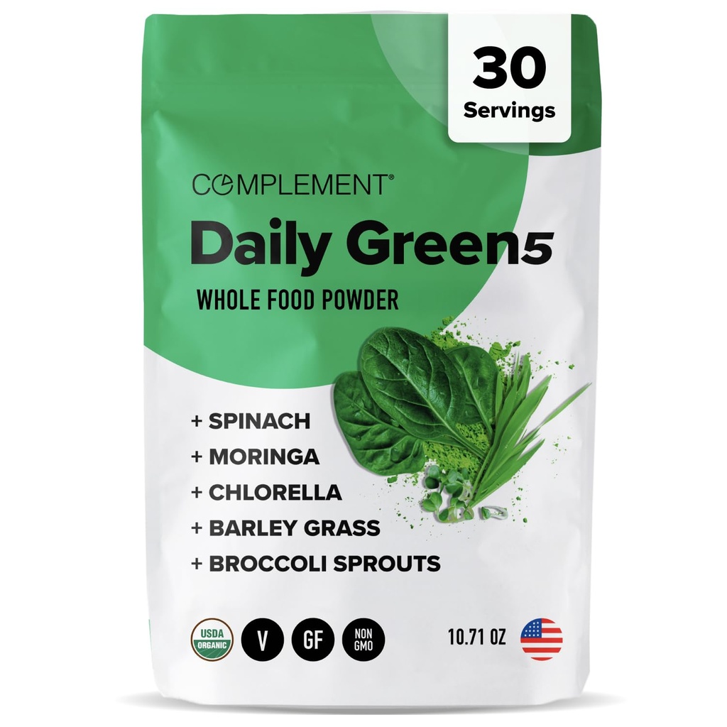 Komplement Daily Greens Powder, Super Greens Powder Superfood-helfoods, Organisk Klorella pulver, Barley Grass Juice pulver, Broccoli Sprouts- Immune Support, Hjernehelse, Metal Detox- 30 Services