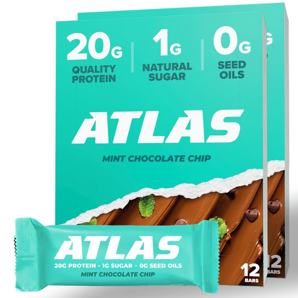 Atlas Protein Bar, 20g Protein, 1g Sukker, Rene ingredienser, Glutenfri, Mint sjokolade Chip (12 greve, Pakke med 2)