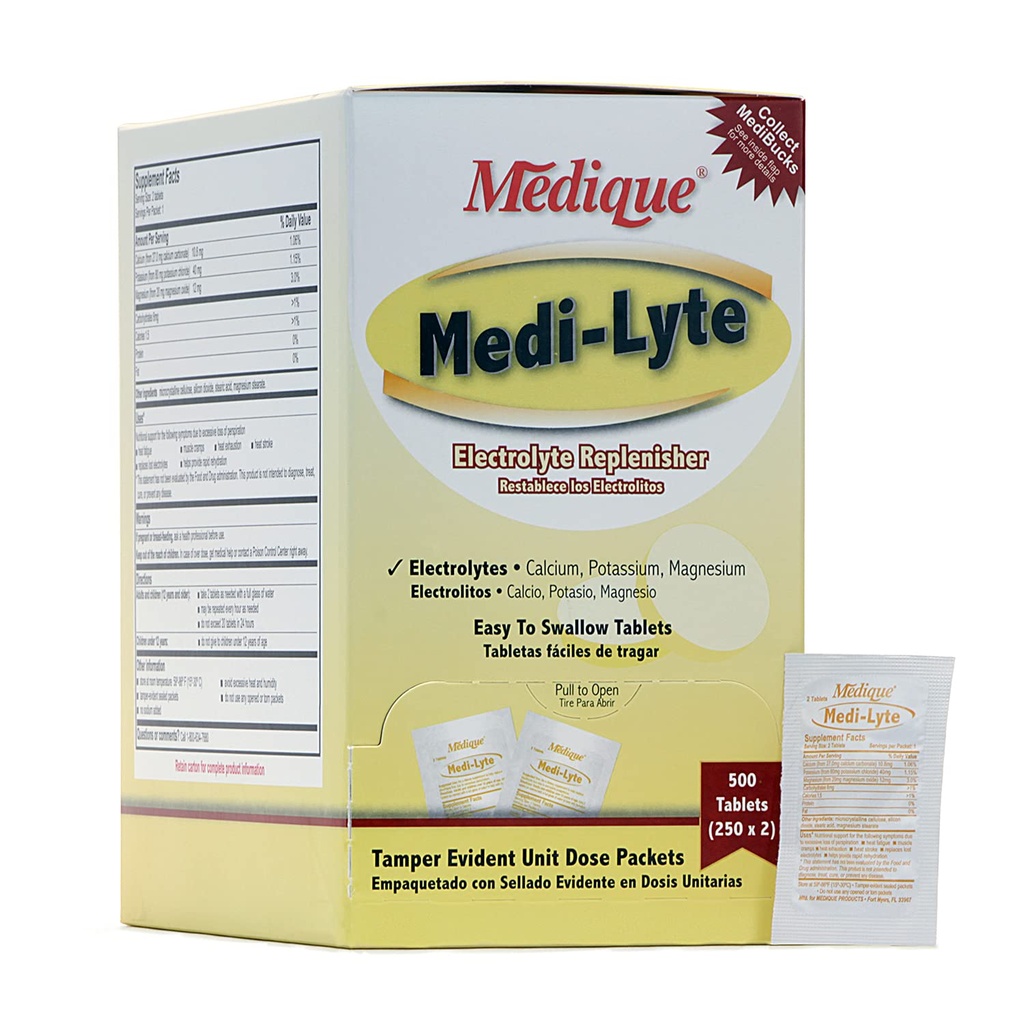Medique Medi-Lyte Electrolyte Replenisher, Rask lindring fra varme, stress, tretthet, og muskel cramping, lett å svelge tabletter, 500 tabletter (250 x 2)