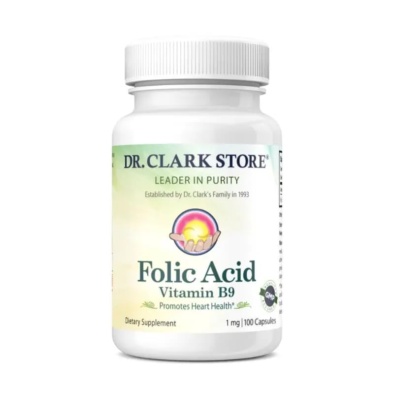 Dr. Clark Folic Acid (Vitamin B9) Supplement - 1 mg, 100 Gelatin kapsler, essensiell B-vitamin for daglig helse